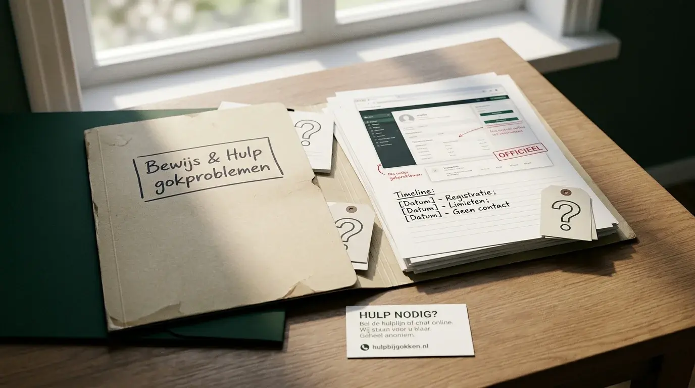 Overzichtelijke map met bewijsstukken en hulproutes bij twijfel over online gokken