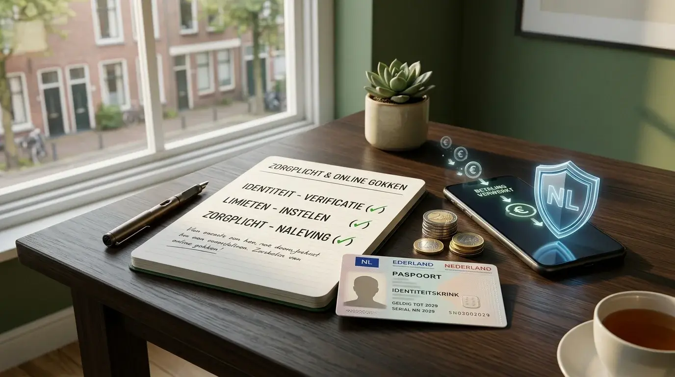 Rustige controlekaart met identiteit, limieten en bescherming rond online gokken